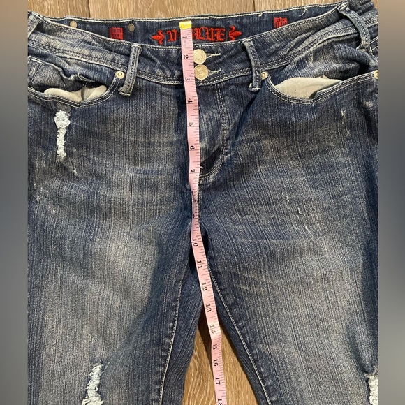 V-Blue Low Rise Distressed Flare Jeans Union Jack Pockets Size 11/12 - Picture 7 of 8